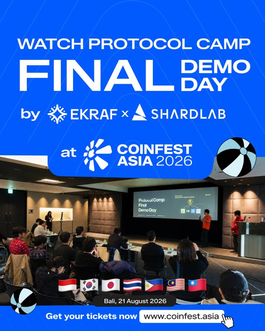 Watch Protocol Camp Final Demo Day, hosted by EKRAF and ShardLab, at Coinfest Asia 2026 in Bali on 21 August 2026.