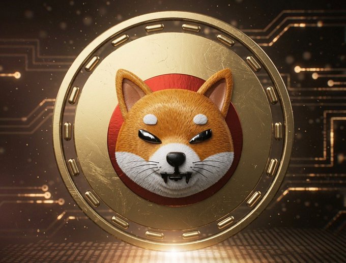 This image depicts a stylized golden coin featuring the Shiba Inu dog, representing the cryptocurrency $SHIB. The coin is set against a background of glowing circuit board lines, visually reinforcing the digital and financial nature of the token.