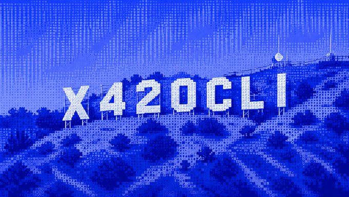 The image features a large blue sign with white text that reads "X4200 CLI" written in a blocky font, which appears to be part of an advertisement or promotional material for a project called Base. The background of the image is a gradient of blue and green colors, giving it a digital art style appearance. The post also mentions that this project is related to web3 and base-uri exploration, as well as future MCP-ready agent workflows.