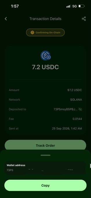 A mobile screen showing transaction details for 7.2 USDC on the Solana network, with a status of 'Confirming On-Chain' and options to track the order or copy the wallet address.