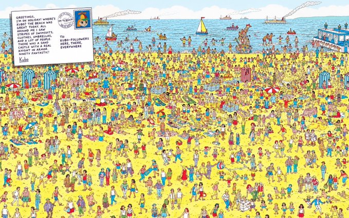 A 'Where's Waldo' style illustrated beach scene with hundreds of characters crowded on the sand and in the water; a caption box in the corner thanks 'Kuro-followers' with greetings from Waldo.
