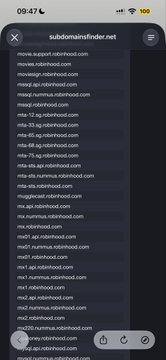 A mobile browser screen displays a long list of subdomain URLs on 'snb.hot' from a mobile support subdomain finder tool.