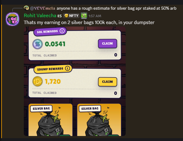 A Telegram message from 'Rohit Valeecha' mentions earnings on '2 silver bags 100k each' above screenshots showing 'SOL REWARDS 0.0541', 'SDUMP REWARDS 1,720', and two 'SILVER BAG' images.