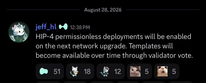 A screenshot from Discord dated August 28, 2026 shows user "jeff_hl" announcing at 12:38 PM that HIP-4 permissionless deployments will be enabled on the next network upgrade, with templates available through validator vote. The post received 51 reactions and 35 emoji responses, contextualizing the accompanying tweet about HIP-4's permissionless prediction market rollout and its requirement of 500k locked $HYPE tokens.