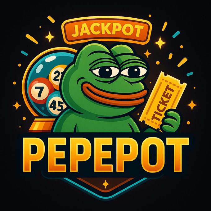 A cartoon graphic features a green character holding a ticket beside a lottery ball, with the text “JACKPOT” and “PEPEPOT” prominently displayed.