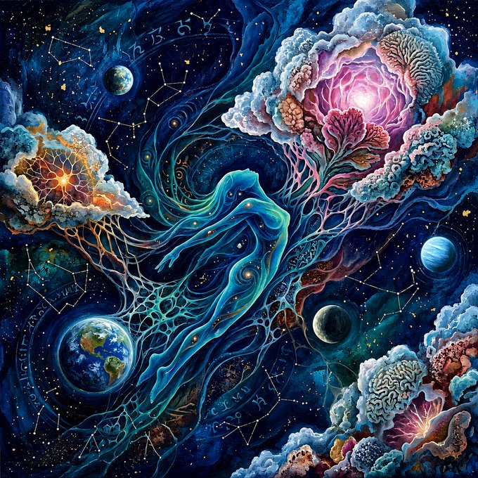 A vibrant, surreal painting depicting a flowing blue ethereal figure amidst a cosmic backdrop filled with planets, constellations, and intricate, brain-like floral structures.