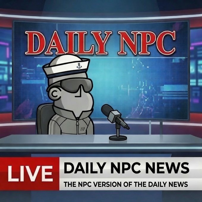 Cartoon news broadcast graphic titled 'DAILY NPC' with a sailor-hat wearing character at a desk, subtitled 'LIVE - DAILY NPC NEWS - THE NPC VERSION OF THE DAILY NEWS'.