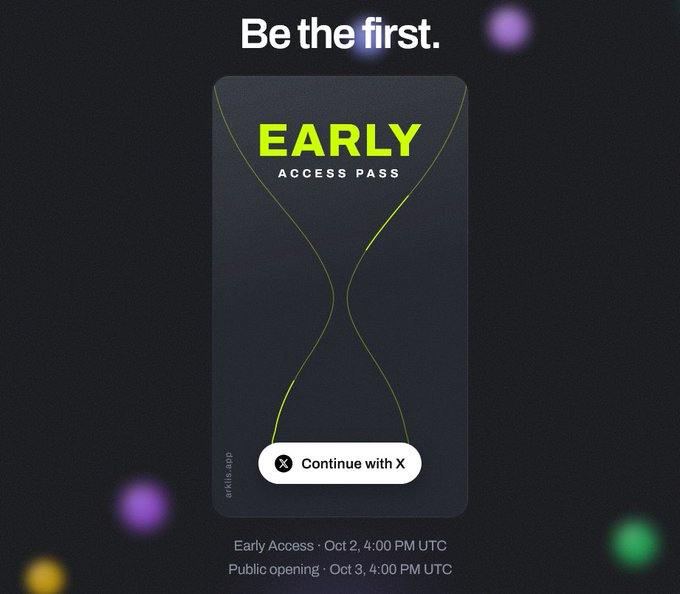 A promotional graphic with 'Be the first.' headline featuring an 'EARLY ACCESS PASS' card with a 'Continue with X' button, noting Early Access on Oct 2, 4:00 PM UTC and Public opening on Oct 3, 4:00 PM UTC.