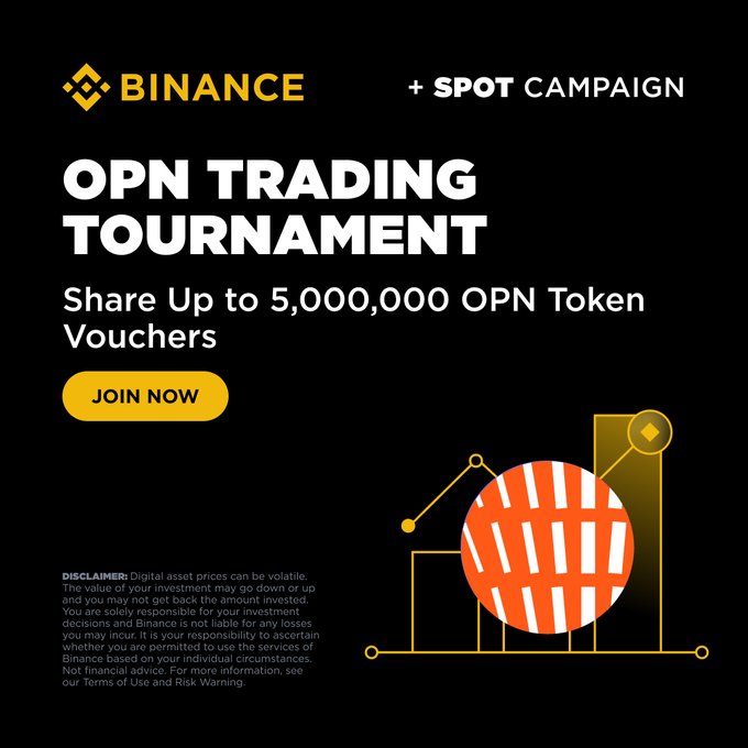 A Binance promotional banner for the "OPN Trading Tournament" featuring a yellow "JOIN NOW" button, advertising a prize pool of up to 5,000,000 OPN (Opinion) token vouchers, with the post inviting users to join Round II of the spot trading competition.