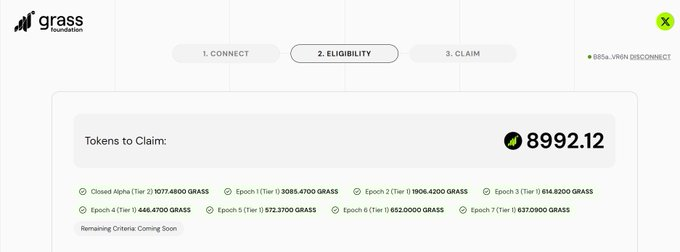 A screenshot of the Grass Foundation eligibility page showing 8992.12 tokens to claim across 7 epochs, with 0.85x-VPN DISCONNECT indicator and steps for Connect, Eligibility, and Claim.