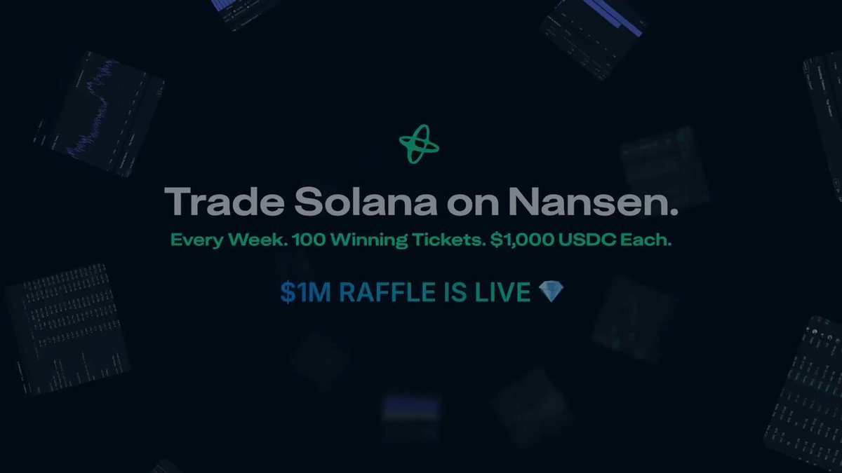 In this image, there are three main elements: a large text box that reads "Trade Solana on Nansen", an image of a bunch of Bitcoin prices with the words "Every serious @solana spot trader should have Nansen open" underneath it, and a picture of Bitcoin transactions. The background is black, and the text is written in white. Additionally, there's some text about a raffle going on where every $1,000 in spot volume will earn you a ticket toward $100,000 in weekly prizes.
