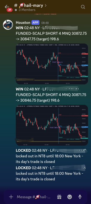 A Telegram chat screenshot in the "hail-mary" group shows trade results with charts, including messages like "WIN 02:48 NY" and "FUNDED-SCALP SHORT 4 MNQ 30872.75 -> 30847.75 (target) 198.6."