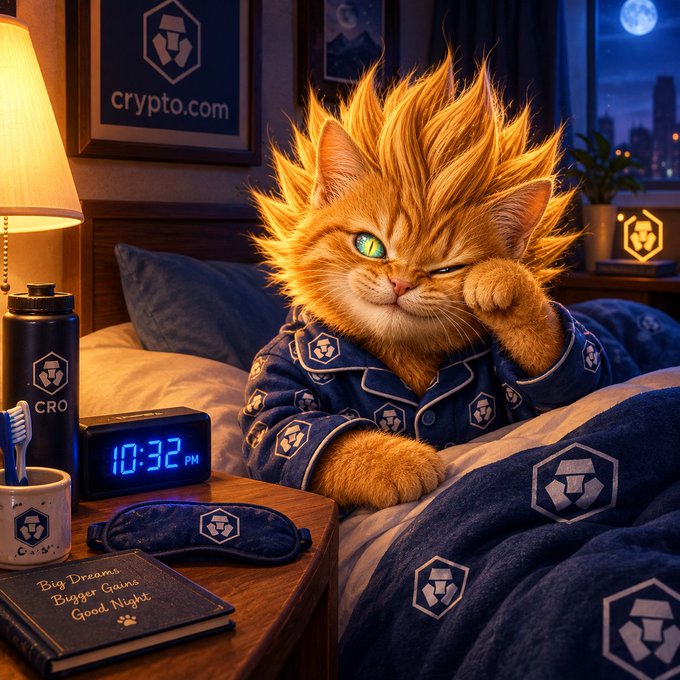 A digital artwork of an orange tabby cat with wild, flame-like fur wearing blue pajamas with a hexagonal logo, sitting in bed next to a lamp, digital clock reading 10:32 PM, and a journal that says 'Big Dreams Bigger Gains Good Night'.