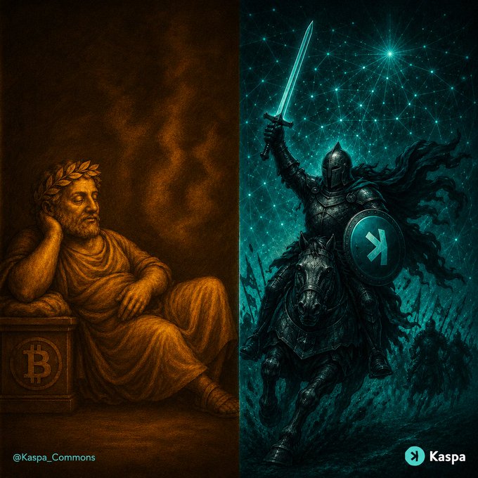 A split fantasy illustration for Kaspa showing a Roman figure with a laurel wreath beside a Bitcoin logo pedestal on the left, and a knight in armor on horseback raising a glowing sword with the Kaspa 'K' logo on his shield on the right, credited to @Kaspa_Commons.