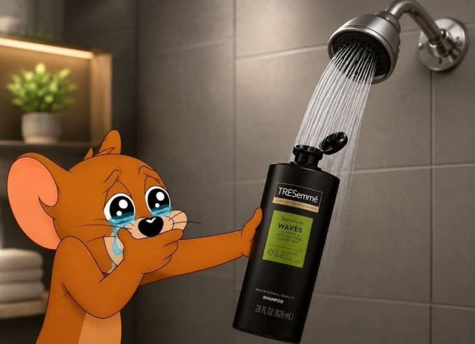 The cartoon image features a crying Jerry from "Tom and Jerry" holding a TRESemmé Waves Shampoo bottle (28 fl oz / 828 mL) under a showerhead, captioned with the text "Made in Condition." It humorously illustrates the meme's theme of a desperate retail investor seeking help after losing money trenching, using the bald, shampoo-washing Jerry as a metaphor for the hopeless "cope" phase that follows failed investments.
