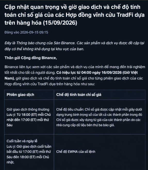 A Vietnamese announcement from Binance detailing updates to trading hours and price index calculation modes for TradFi perpetual contracts based on commodities, effective 04:00 on September 16, 2026 (Vietnam time).