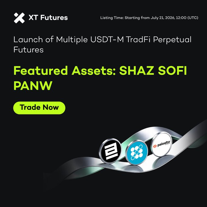 XT Futures announces the launch of multiple USDT-M TradFi Perpetual Futures on July 21, 2026, featuring SHAZ, SOFI, and PANW. The image displays "XT Futures" and promotes trading with three circular logos representing the featured assets.