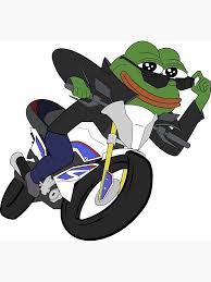 The image features an illustration of a frog wearing sunglasses, riding a motorcycle with blue and white colors. The background of the image is white, which contrasts with the colorful elements of the illustration. The caption below the image reads "y'all wiggas ready to see a 6 handle on btc again? what about a 5 and a 4 handle?". This statement suggests that the frog might be referring to a specific feature or characteristic of Bitcoin that has been recently highlighted in the post, possibly related to the current state of the cryptocurrency.