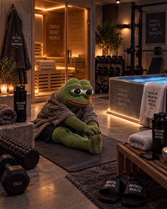 A green frog character wrapped in a brown towel sitting in a luxury home gym/spa with motivational text like 'SWEAT RESET REPEAT', 'DISCIPLINE FEELS GOOD', 'COLD MINDS BETTER DAYS', and 'HEALTH WEALTH PEACE PIZZA' visible on various items.