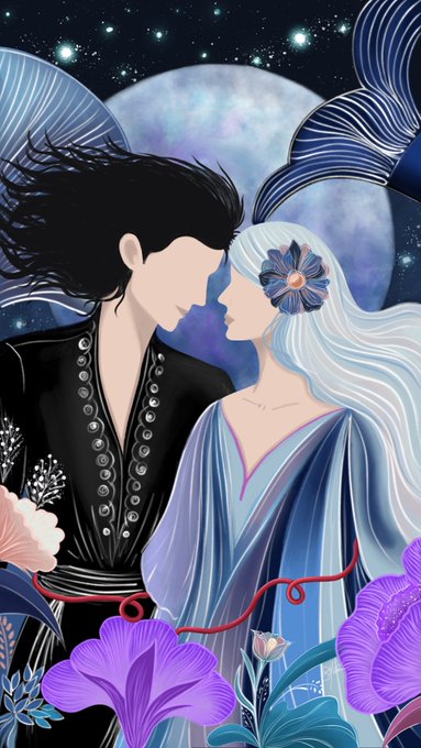 A fantasy illustration of a couple facing each other against a starry night sky with a full moon; the man has dark hair and the woman has long white hair adorned with a blue flower, surrounded by purple flowers at the bottom.