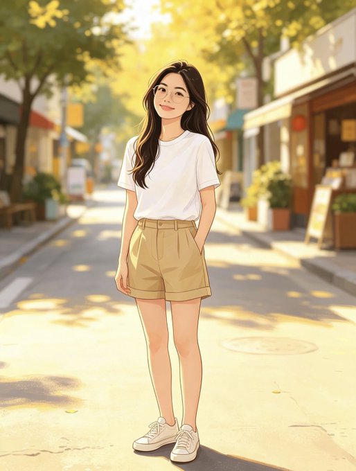 An anime-style illustration of a young woman with long dark hair wearing a white t-shirt and tan shorts, standing on a sunny street with trees and shops in the background.