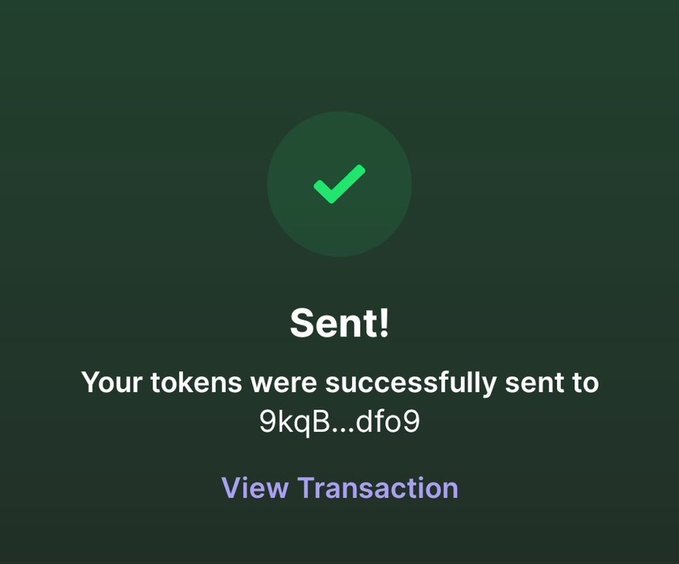 A green confirmation screen displays a checkmark with the text 'Sent!' and 'Your tokens were successfully sent to 9kqB...dfo9', along with a 'View Transaction' link.