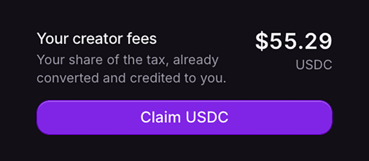 A dark interface screen showing "Your creator fees" totaling $55.29 USDC with a purple "Claim USDC" button.