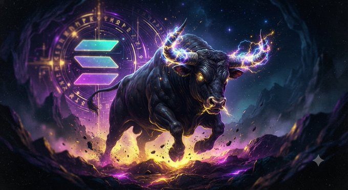 A fantasy digital artwork showing a powerful black bull with glowing purple energy and horns charging forward, with the Solana (SOL) logo and mystical symbols in the background.