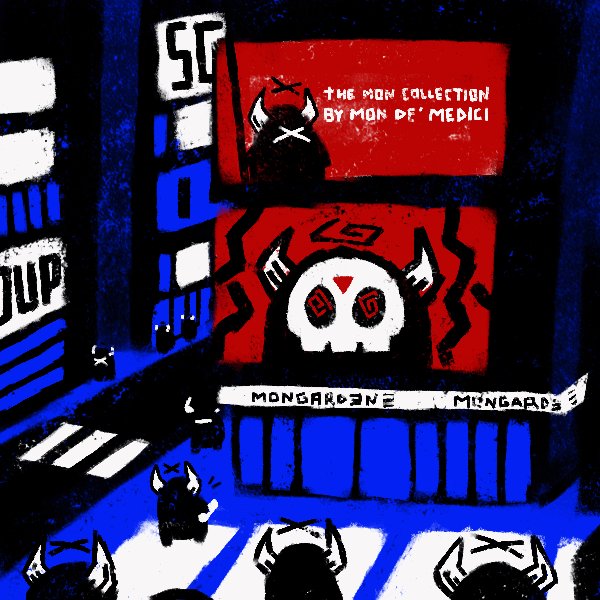 The image features a cartoon drawing of a man with horns, surrounded by other cartoon characters such as a bull and a cow. The scene takes place in front of a store or a building, possibly an art gallery. A large red sign is displayed above them, which reads "The man collection by man of medicine". There are also two smaller signs visible in the image that say "Monsters" and "Mongards", adding to the overall theme of the scene. The post seems to be promoting a store or an event related to art or cartoons.