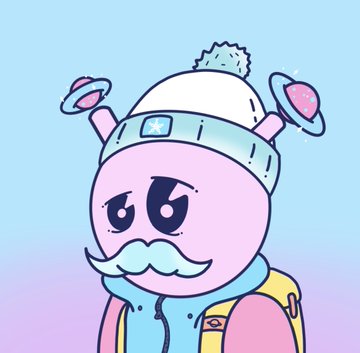 A cartoon illustration of a pink alien-like character with large ears, antennae, a white winter hat with a pom-pom, and a teal mustache, wearing a colorful jacket against a pastel gradient background.