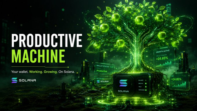 Promotional banner for Solana reading 'PRODUCTIVE MACHINE' with the tagline 'Your wallet. Working. Growing. On Solana,' featuring a glowing green digital tree made of coins growing from a Solana-branded device with growth metrics of +24.85%.