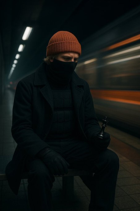 A cinematic image of a man in dark clothing, an orange beanie, and a face mask sitting alone on a bench in a dimly lit subway station, holding a chess king piece.