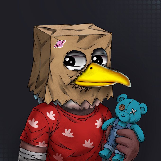 A cartoon illustration of a character with a brown paper bag over its head, big sad eyes, a yellow duck bill, wearing a red heart-patterned shirt and holding a blue teddy bear with a button eye.