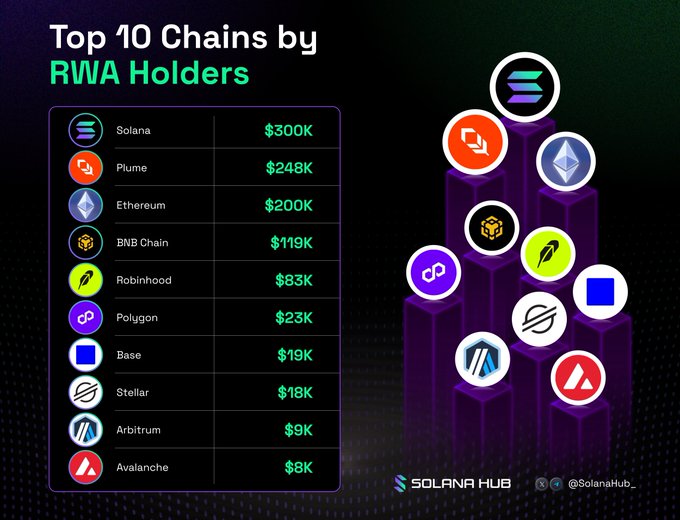 An infographic titled 'Top 10 Chains by RWA Holders' listing blockchain networks including Solana ($300K), Plume ($248K), and Ethereum ($200K), branded by SolanaHub.