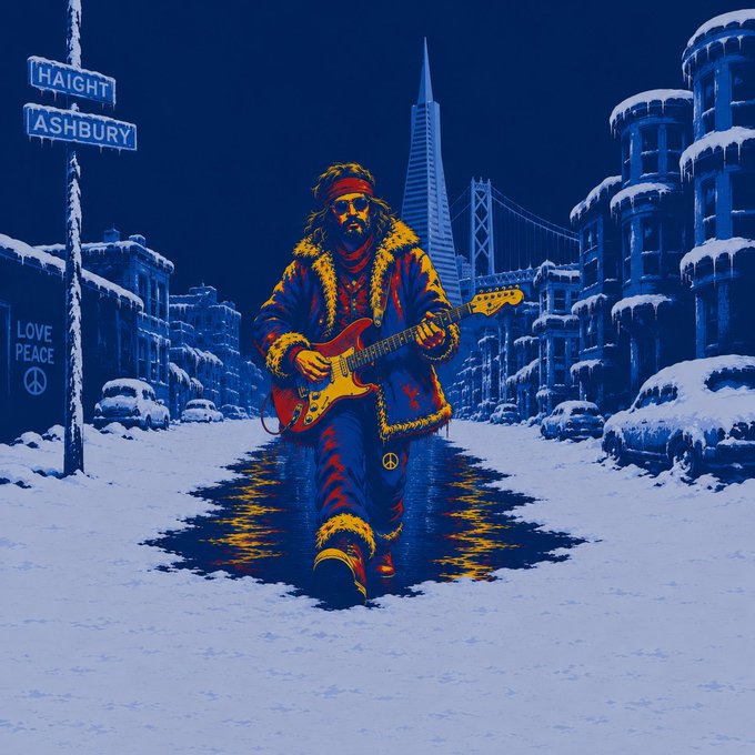 A pixel-art style illustration depicts a long-haired musician in a fur-lined coat playing an electric guitar while standing in a snow-covered urban street, with "HAIGHT" and "ASHBURY" street signs visible on the left and a "LOVE PEACE" peace sign nearby. The artwork serves as the visual accompaniment for the NFT listing "The Eternal Shine Of Wonder Chords," with its San Francisco Haight-Ashbury counterculture aesthetic—evoking the area's iconic hippie music heritage—fitting the song-themed open edition release priced at 2 XTZ.