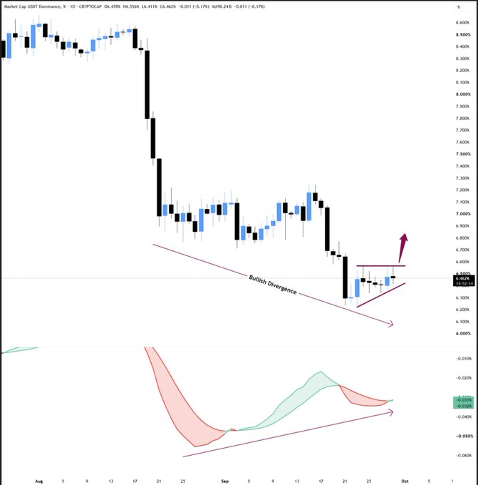 A daily USDT.D (USDT Dominance) chart from CRYPTOcap shows prices falling from ~8.6% in August to ~6.4% in late September, with a labeled "Bullish Divergence" alongside a purple arrow pointing upward near 6.46%, supporting the post's claim that a daily close above 6.6% could trigger a correction in BTC and altcoins.