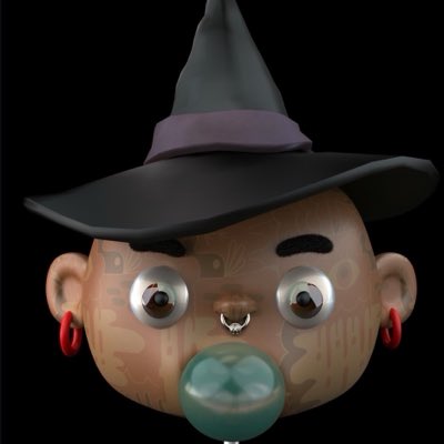 A 3D rendered character with a round head, googly eyes, nose ring, red hoop earrings, and a pacifier wears a pointed black witch hat against a black background.