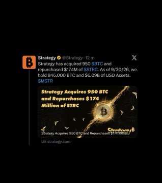 A dark-themed X (Twitter) post from @Strategy shows that Strategy has acquired 990 BTC and repurchased $174 Million of $STRC, with text noting holdings of 846,000 BTC and $8.09B of USD Assets as of 9/20/26.
