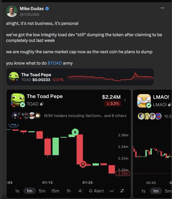 A tweet by Mike Dudas (@mdudas) discusses a cryptocurrency token, mentioning 'we've got the low integrity toad dev' and '$TOAD army', accompanied by a chart for 'The Toad Pepe' (TOAD) showing a price of $0.00233.