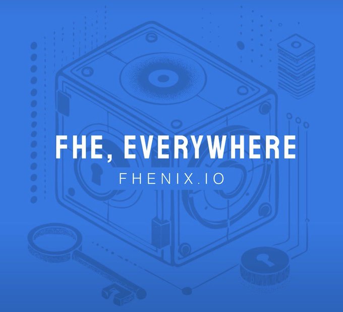 A blue graphic features a vault-like illustration with the text 'FHE, EVERYWHERE' and 'FHENIX.IO' prominently displayed.
