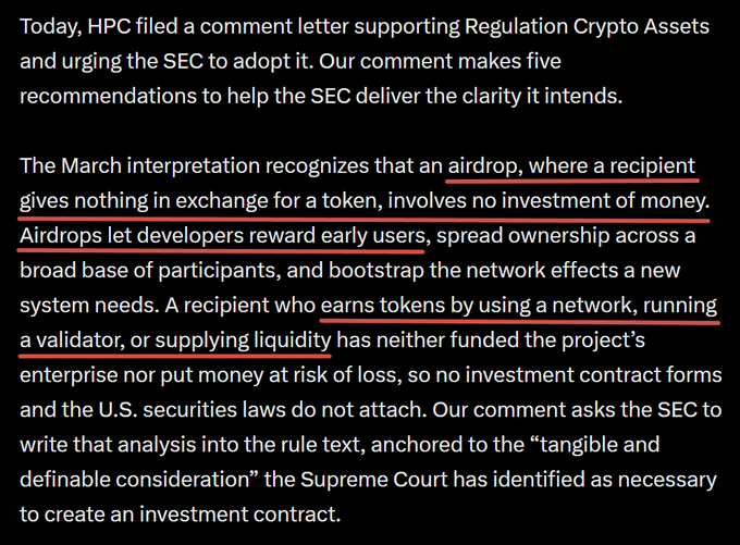 The image shows a comment letter from HPC (Hyperliquid Policy Center) supporting Regulation Crypto Assets, with specific portions of text underlined in red regarding airdrops—stating that airdrops where recipients give nothing in exchange for a token involve no investment of money, and that recipients who earn tokens through network usage, validator operation, or liquidity provision have not funded the project or put money at risk. The underlined sections highlight HPC's emphasis on airdrops and who qualifies as a recipient, directly supporting the accompanying post's observation that Hyperliquid extensively discussed airdrops and their recipients in the article.