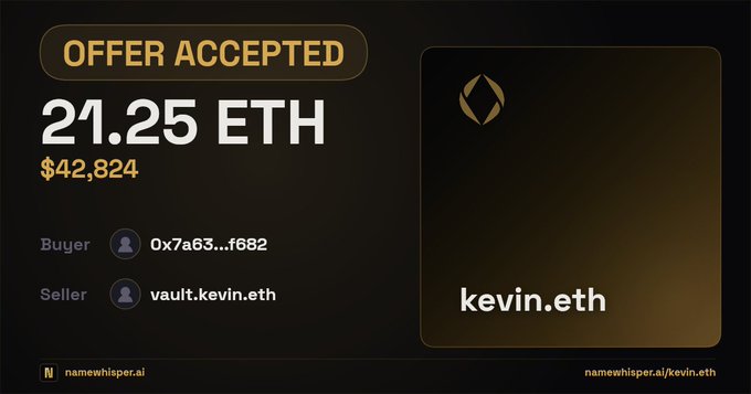 The image features a black screen with white text detailing an offer accepted from Kevin.eth, who has purchased a certain amount of cryptocurrency at $42.824. The transaction was successful by a buyer named Kevin.eth.