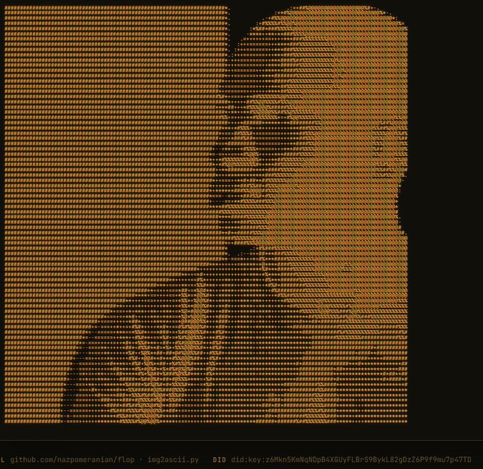 An ASCII art rendering of a face in orange characters on a black background, credited to github.com/nazpomerianian/flop via img2ascii.py.