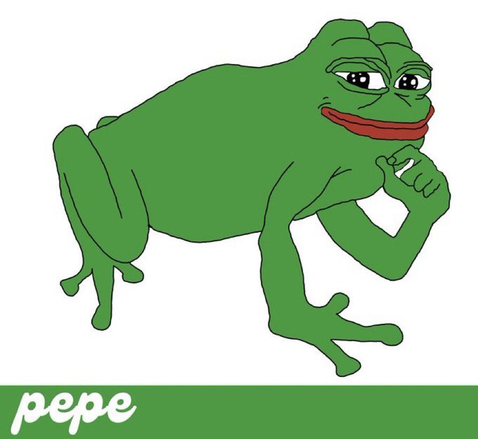 A cartoon illustration of a green frog with a smug expression, labeled 'pepe' in a green banner at the bottom.