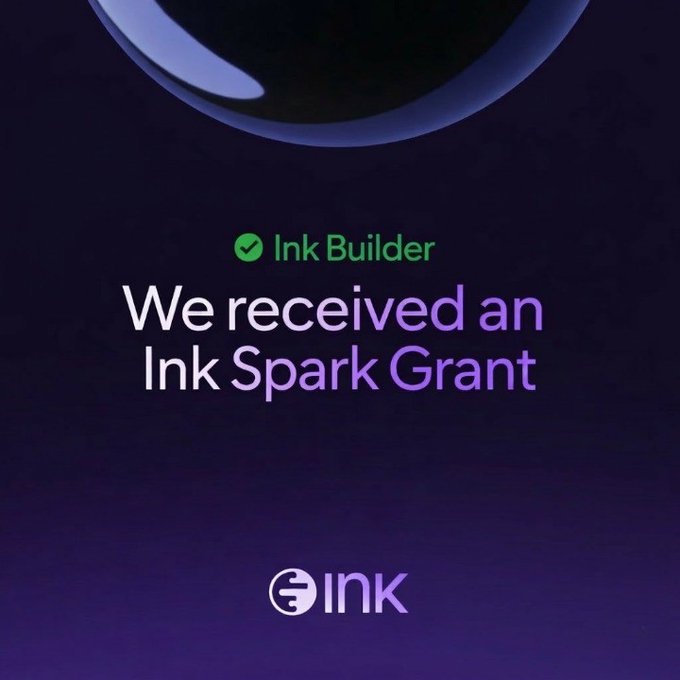 A dark gradient graphic announces 'Ink Builder We received an Ink Spark Grant' with a checkmark and the INK logo.