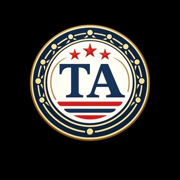 A circular logo on a black background featuring the letters "TA" in navy blue over red stripes and three red stars, bordered by a gold chain-link ring.