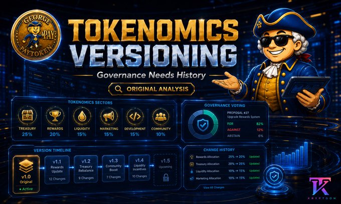 The image is a promotional graphic titled "TOKENOMICS VERSIONING - Governance Needs History" featuring a pirate mascot mascot for GEORGE Pay/PaiToken, displaying tokenomics sectors (Treasury 25%, Rewards 20%, Liquidity 15%, Marketing 15%, Development 15%, Community 10%), governance voting stats (Proposal #27, FOR 82%, AGAINST 12%, ABSTAIN 0%), and a version timeline showing updates from v1.0 through v1.5, illustrating how the post argues that GEORGE's tokenomics page maintains governance-friendly versioning rather than locking in a static marketing snapshot.