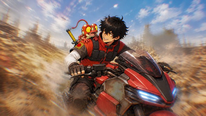 An anime-style illustration shows a young man with black hair and yellow eyes riding a red motorcycle through a dusty landscape, with a small monkey wearing a Chinese-style red outfit perched on his shoulder.