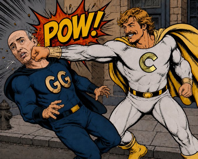 A vintage comic book-style illustration shows a blonde superhero with a 'C' emblem punching a bald villain wearing a 'GG' shirt, with a 'POW!' speech bubble.