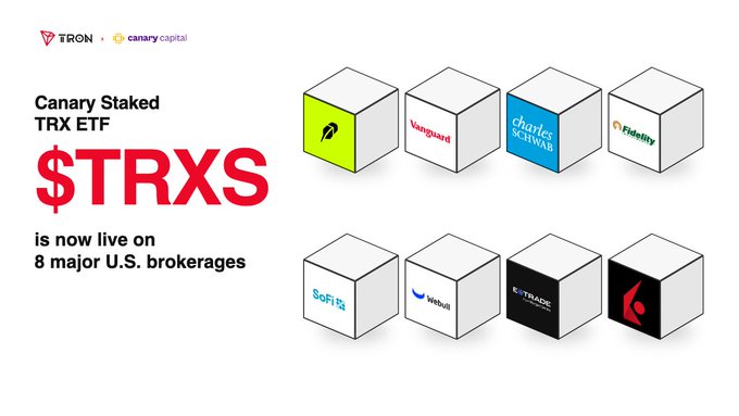 A promotional graphic for 'Canary Staked TRX ETF $TRXS' showing it is now live on 8 major U.S. brokerages including Robinhood, Vanguard, Schwab, Fidelity, SoFi, Webull, and Etoro.